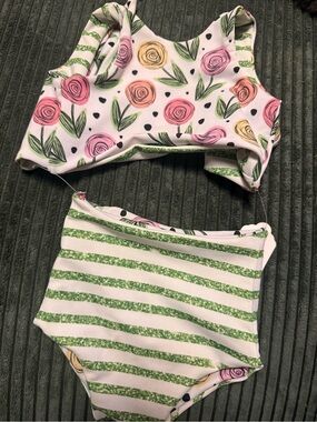 Brand New Handmade Double Sided Floral & Green Stripe Watermelon 2-Piece Swim